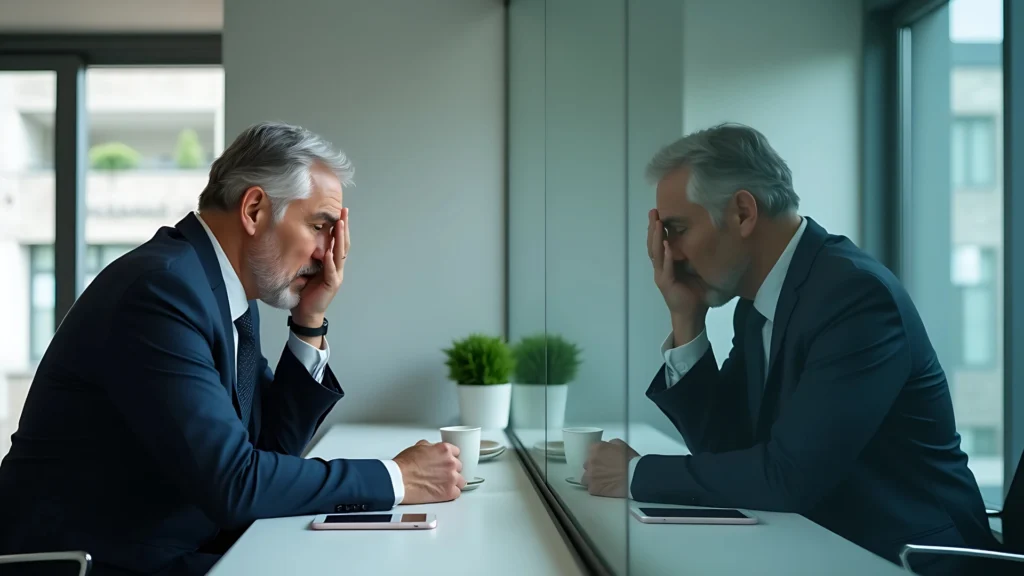 A-man-in-a-suit-sits-at-a-table-looking-frustrated-with-his-head-in-his-hand-representing-the-emotional-struggles-of-modern-mens-issues.