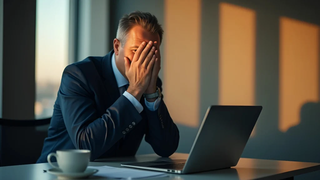 A-professional-man-sitting-at-a-desk-covering-his-face-in-frustration-symbolising-the-silent-struggle-of-mens-mental-health-challenges