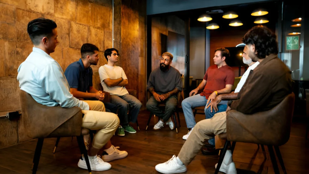 Group-of-men-sitting-in-a-circle-in-a-warmly-lit-room-engaged-in-a-serious-discussion-symbolizing-community-support-and-mental-health