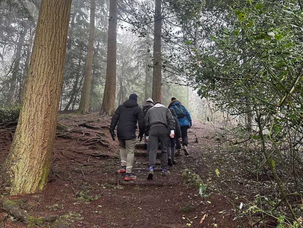 MPC-members-hiking-up-a-trail-through-the-misty-forest-surrounded-by-tall-trees