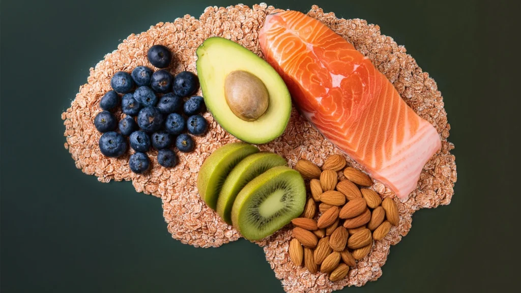 Assortment-of-brain-boosting-foods-including-salmon-avocado-berries-almonds-and-nuts-over-whole-grains
