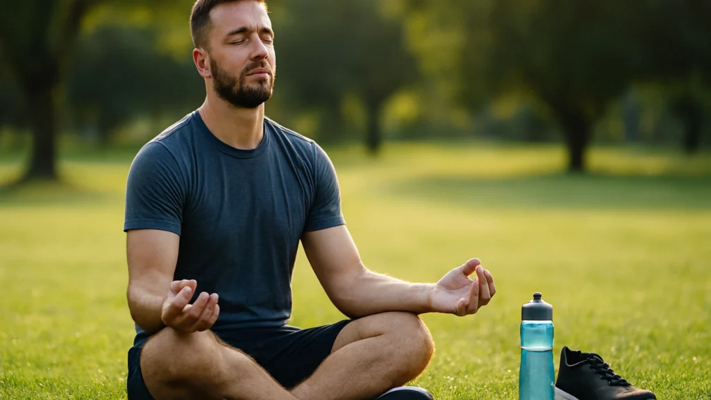 Man-meditating-in-a-park-after-a-workout-showing-the-benefits-of-meditation-and-exercise-for-mens-mental-health