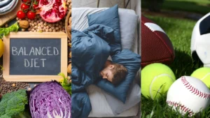 Balanced-diet-man-sleeping-and-various-sports-equipment-representing-healthy-lifestyle-habits