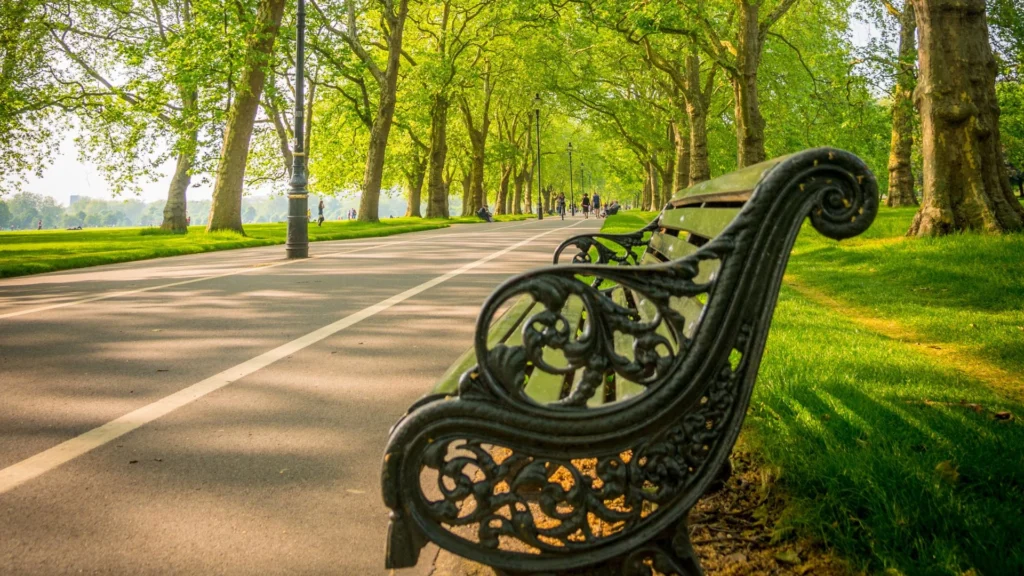 Bench-in-Hyde-Park-London-surrounded-by-green-spaces-lush-trees-and-a-walking-path