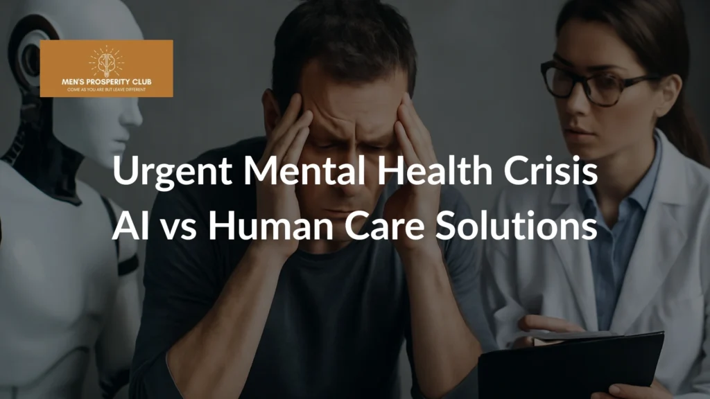 Man-experiencing-stress-while-a-doctor-offers-care-with-a-robot-in-the-background-highlighting-the-mental-health-crisis-and-AI-vs-Human-care-solutions
