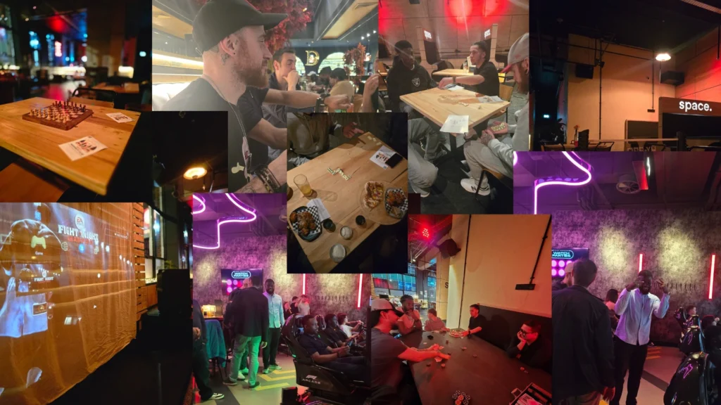 Men-socialising-over-games-and-food-at-an-MPC-events-Social-Game-night-in-a-vibrant-neon-lit-venue