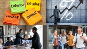 workplace-community-sticky-notes-with-empower-engage-enhance-enable-businessman-viewing-growth-chart-handshake-in-meeting-happy-colleagues-walking-o