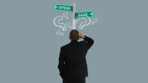 A-man-pondering-decisions-in-The-Psychology-of-Money-facing-the-choice-between-spending-and-saving