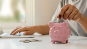 Financial-Stress-and-Mental-Health-hand-inserting-coin-in-pink-piggy-bank