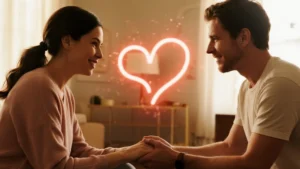 A-couple-holding-hands-and-smiling-at-each-other-with-a-glowing-heart-in-the-background-symbolizing-forgiveness-in-relationships