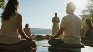 A-group-meditation-session-by-the-lake-highlighting-the-mindful-and-transformative-experience-of-Emotional-Healing-Retreats