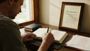 A-person-writing-in-a-book-next-to-a-framed-quote-about-wise-planning-highlighting-faith-and-financial-protection
