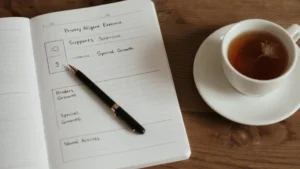 Notebook with spiritual growth priorities and tea