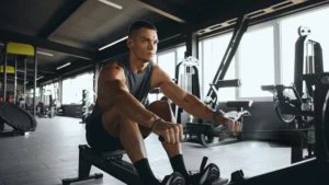 Person-engaged-in-mindful-fitness-during-rowing-exercise-at-the-gym