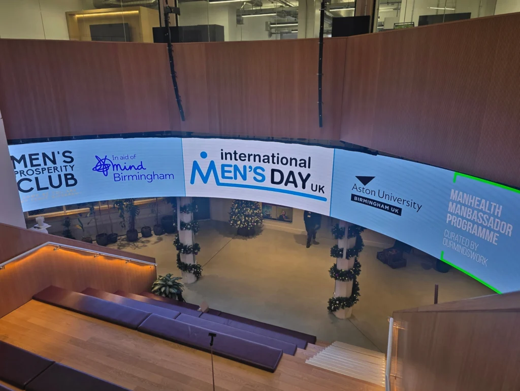 Aston-University-atrium-with-event-screens-for-Mens-Day