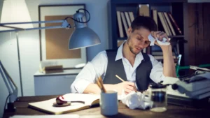 Stressed-man-experiencing-work-related-illness-while-writing