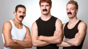 Three-men-wearing-fake-mustaches-and-tank-tops-Movember