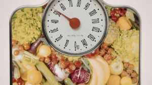 A-bathroom-scale-with-a-background-of-fruits-and-vegetables-illustrating-a-Prostate-Diet