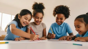 Children-smiling-and-drawing-for-Childrens-Mental-Health-Week