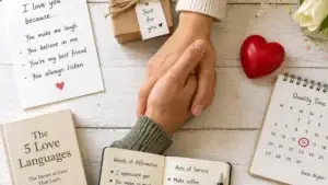 What-Are-the-7-Love-Languages-flat-lay-showing-words-of-affirmation-quality-time-gifts-physical-touch-and-acts-of-service-with-relationship-symbols
