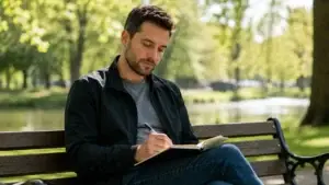 What-Makes-a-Successful-Marriage-man-journalling-in-a-park-for-personal-wellbeing