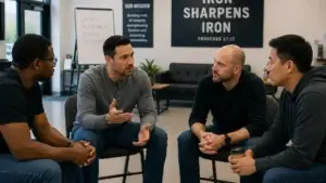 A-diverse-group-participating-in-a-Mens-Prosperity-Club-discussion-on-Money-Mindset-embracing-the-principle-of-Iron-Sharpens-Iron-to-encourage-accountability-growth-and-financial-success