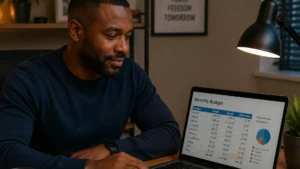 Financial-Confidence-man-reviewing-budget-spreadsheet-financial-goals