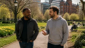 How to Save Money through supportive conversations between friends during a walk in a Birmingham park
