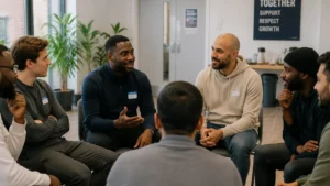 How to Save Money with a community group of men discussing financial wellbeing and practical budgeting strategies