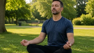 Man-practising-mindfulness-in-a-park-to-improve-his-Money-Mindset-highlighting-the-connection-between-mental-wellbeing-focus-and-healthier-financial-decision-making
