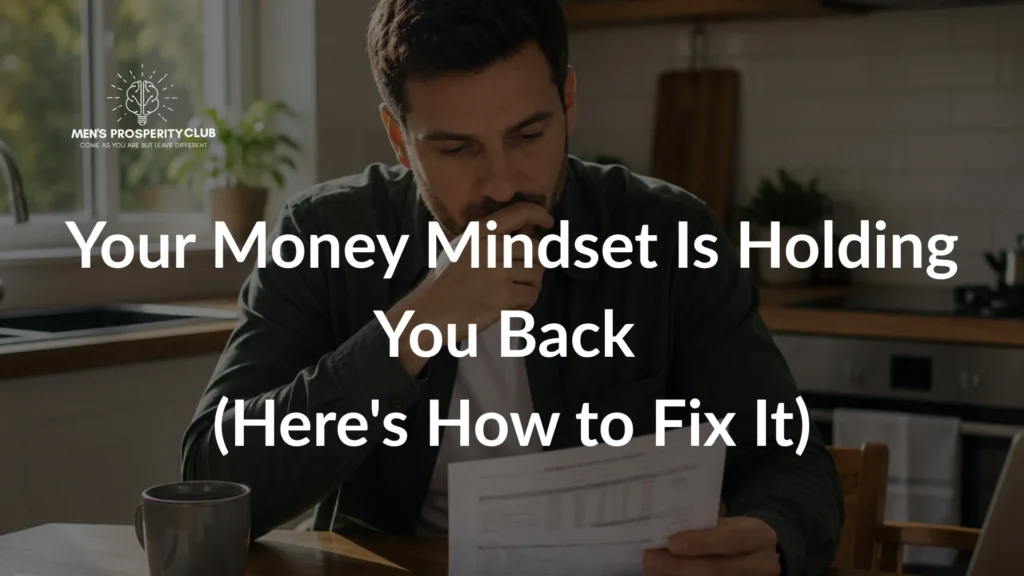 Money-Mindset-Man-reviewing-financial-documents-at-a-kitchen-table-reflecting-on-limiting-beliefs-about-money-and-planning-positive-financial-habits-at-home