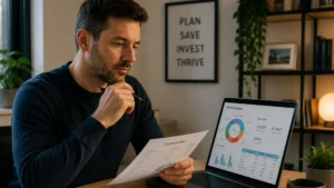 salary-sacrifice-financial-planning-with-laptop-and-budget-documents-at-home-office