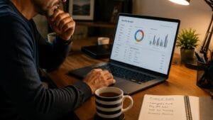 saving-money-tips-with-a-man-reviewing-financial-goals-savings-plans-and-budget-data-on-a-laptop-at-home