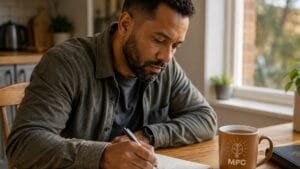 A-man-practising-Emotional-Healing-by-writing-in-a-journal-beside-a-cup-of-tea-at-home