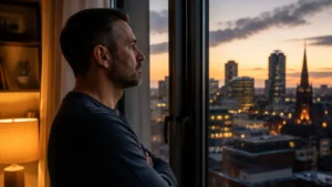 A-moment-of-Inner-Peace-as-a-man-looks-over-a-city-skyline-at-dusk-reflecting-calmly-in-a-warm-and-peaceful-home-setting