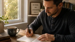 Finding-Inner-Peace-through-journalling-and-personal-reflection-as-a-man-writes-in-a-notebook-beside-a-warm-cup-of-tea