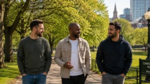 Inner-Peace-and-connection-shown-through-three-men-walking-together-in-a-Birmingham-park-sharing-an-open-conversation