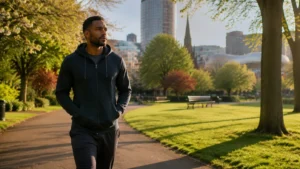 Overcoming-Fear-and-Anxiety-by-building-inner-confidence-a-man-walking-through-a-Birmingham-park-in-calm-reflection-surrounded-by-nature-and-morning-sunlight