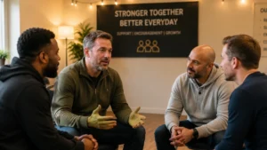 Overcoming-Fear-and-Anxiety-through-community-support-a-group-of-men-sitting-together-in-a-welcoming-space-sharing-experiences-and-encouraging-each-other-through-open-conversation