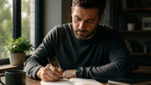 Personal-Transformation-through-self-reflection-showing-a-man-writing-in-a-notebook-at-a-wooden-table-with-natural-light-representing-growth-purpose-and-inner-development