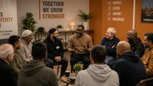 Power-of-Prayer-community-group-discussion-about-faith-brotherhood-and-support