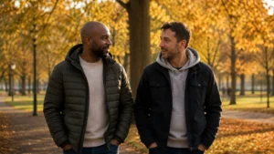 Spirituality for Men community connection with two men walking together through an autumn park, sharing a meaningful conversation and supporting each other’s wellbeing