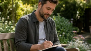 Spirituality for Men self-reflection practice with a man journalling outdoors in a peaceful garden, embracing mindfulness, inner growth and personal awareness