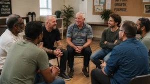 Spirituality for Men support group gathering with diverse men sitting in a circle, openly discussing life experiences, personal growth and emotional connection