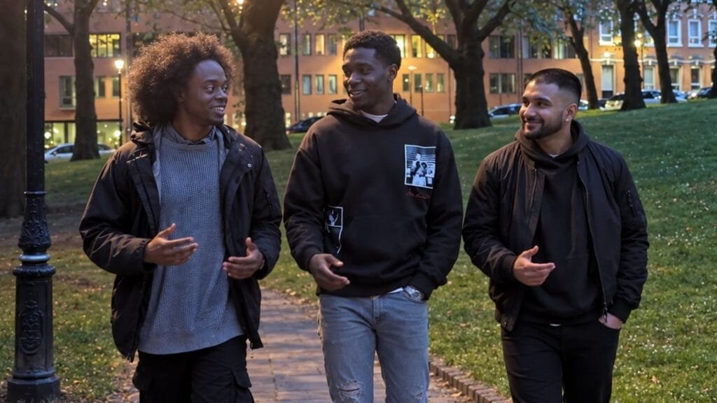 Men’s-Prosperity-Club-founder-and-two-fellow-participants-walking-and-chatting-on-a-park-path-at-dusk