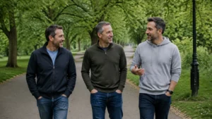 Mental-Clarity-through-connection-and-community-three-men-walking-together-in-a-Birmingham-park-talking-and-sharing-conversation-in-a-relaxed-setting