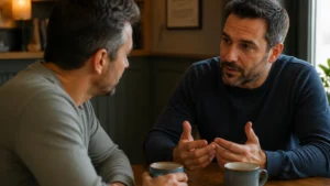 Mental-Clarity-through-honest-conversation-two-men-talking-over-coffee-in-a-warm-indoor-setting-with-open-body-language-and-genuine-connection