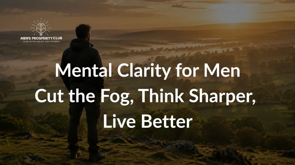 Mental-Clarity-through-nature-and-self-reflection-at-dawn-man-standing-on-a-hillside-overlooking-a-misty-British-countryside-with-warm-sunrise-light
