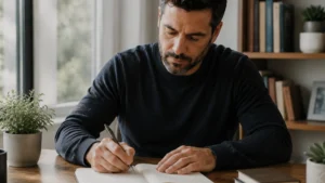 Mental-Clarity-through-personal-reflection-man-writing-in-a-notebook-at-a-wooden-desk-with-natural-daylight-and-a-calm-focused-atmosphere