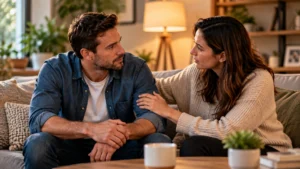 Man-and-woman-having-a-supportive-conversation-at-home